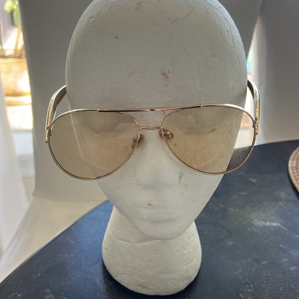 New gold, large frame aviator statement, glasses, slightly tinted with case